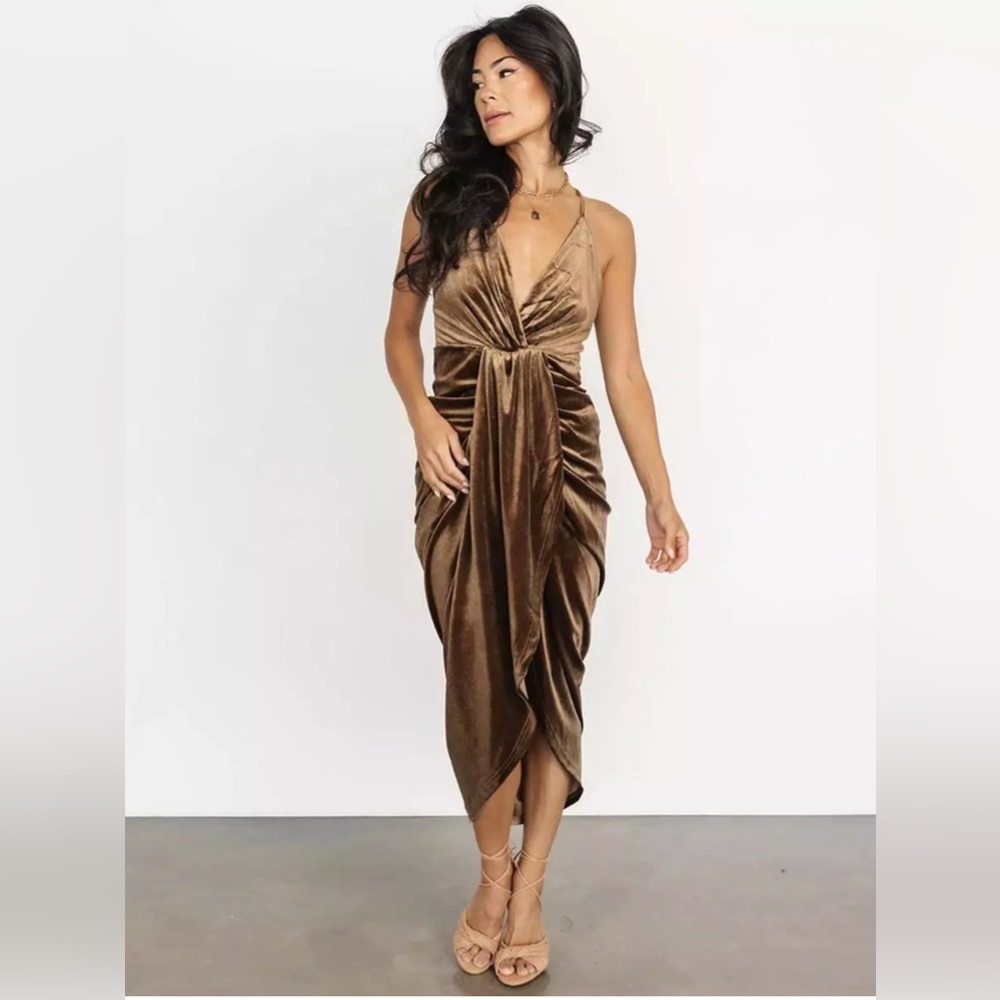 Bronze velour dress.  High low detail with adjustable straps. Medium